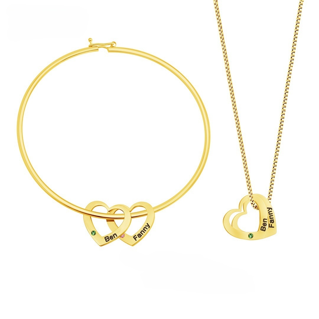Women Necklace Bracelet With Heart Shape Name Birthstone Pendants