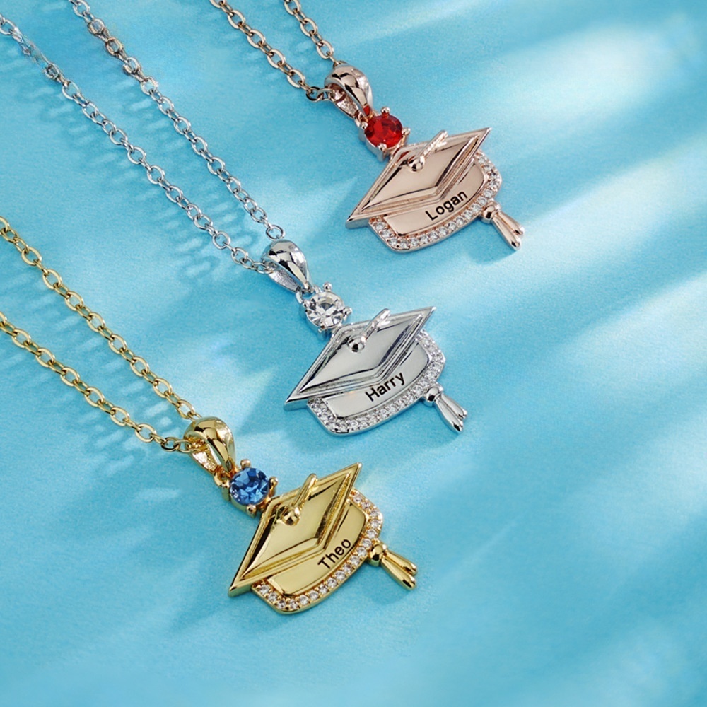 Personalized Dainty Graduation Cap Birthstone Necklace with Engraved Name Birthday Gift for Graduates