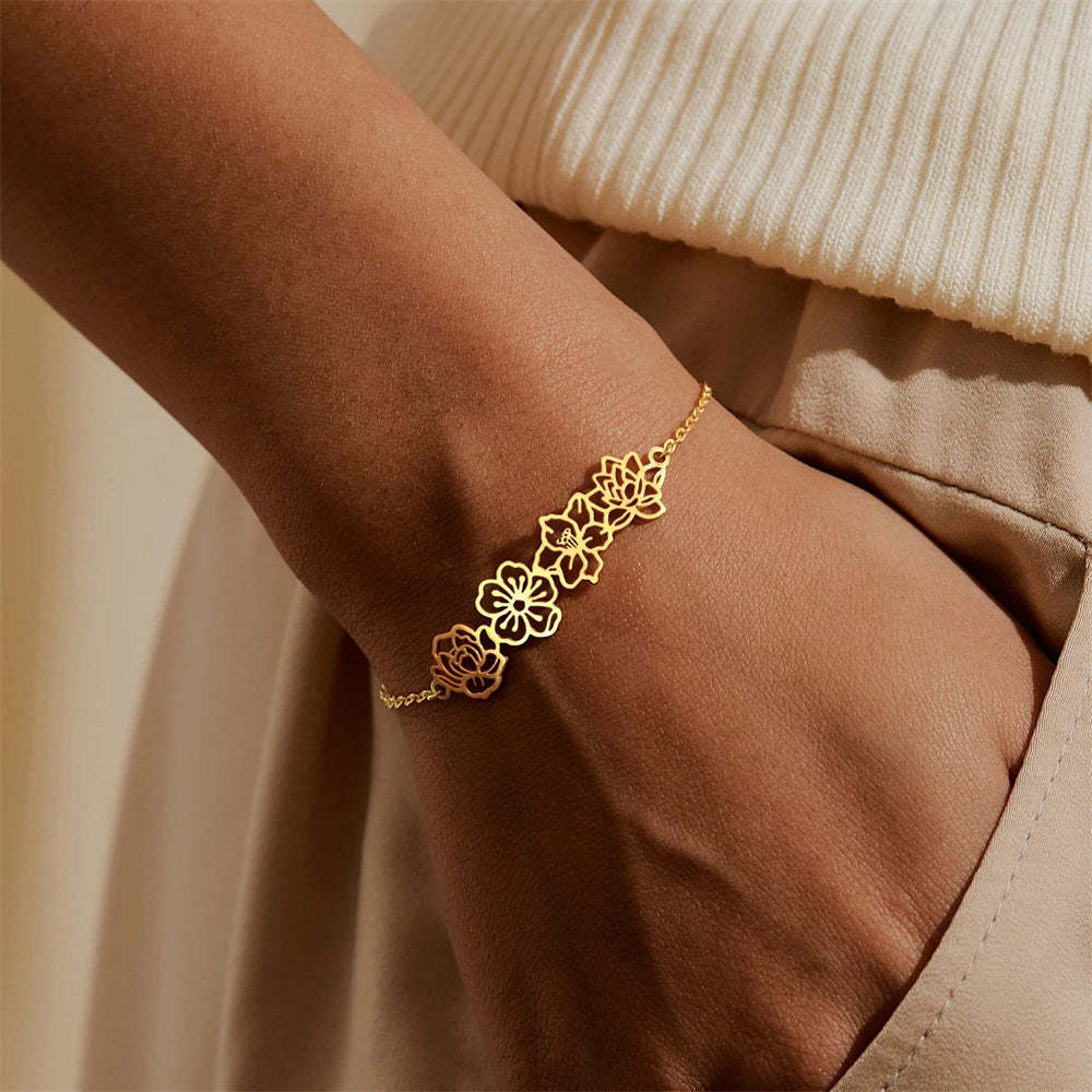 Personalized Minimalist Adjustable 1-8 Birth Flower Bracelet Charm Jewelry Birthday Christmas Gift for Women