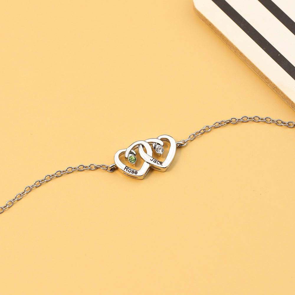 Personalized Interlocking Double Heart Bracelet with Birthstones and Engraved Names Valentine's Day Anniversary Gift for Women