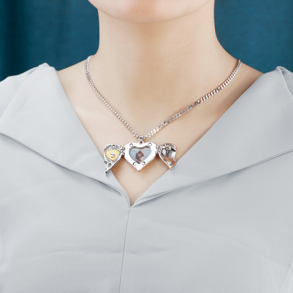 Personalized Picture Locket Angel Wings Heart Necklace