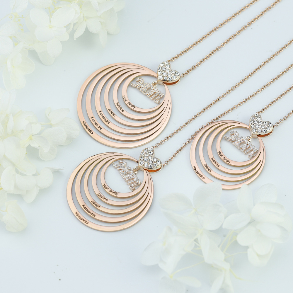 Personalized Heart Round Circle Hoop Necklace with 1-10 Names Mother's Day Birthday Gift for Woman