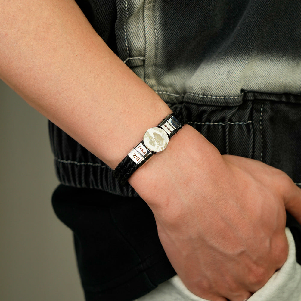 Personalized 2-6 Beads Braided Leather Men's Bracelet with Name Photo Father's Day Birthday Gift for Him