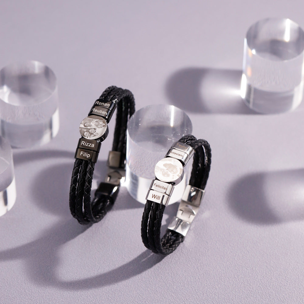 Personalized 2-6 Beads Braided Leather Men's Bracelet with Name Photo Father's Day Birthday Gift for Him