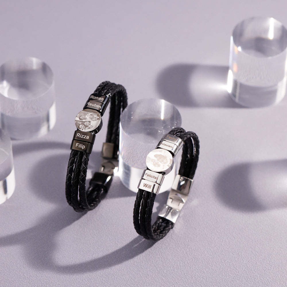 Personalized 2-6 Beads Braided Leather Men's Bracelet with Name Photo Father's Day Birthday Gift for Him