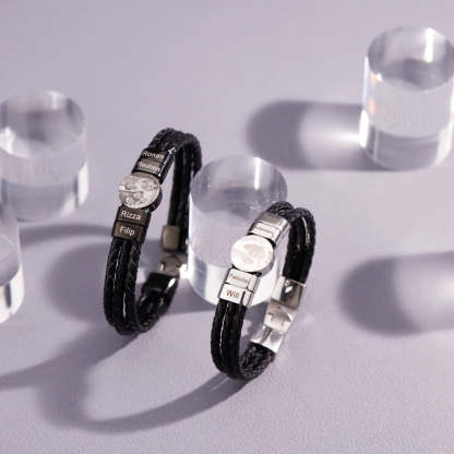 Personalized 2-6 Beads Braided Leather Men's Bracelet with Name Photo Father's Day Birthday Gift for Him