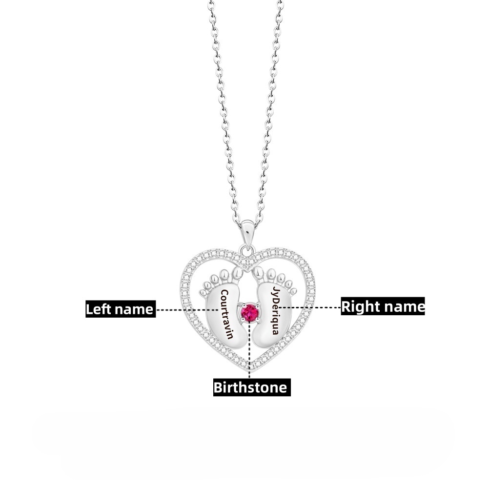 Personalized Baby Feet Heart Birthstone Necklace with Engraved Names Mother's Day Birthday Gift for New Mom