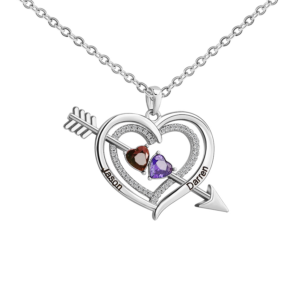 Personalized Cupid's Arrow Heart Necklace with 2 Birthstones & Names Valentine's Day Couple Gift for Women