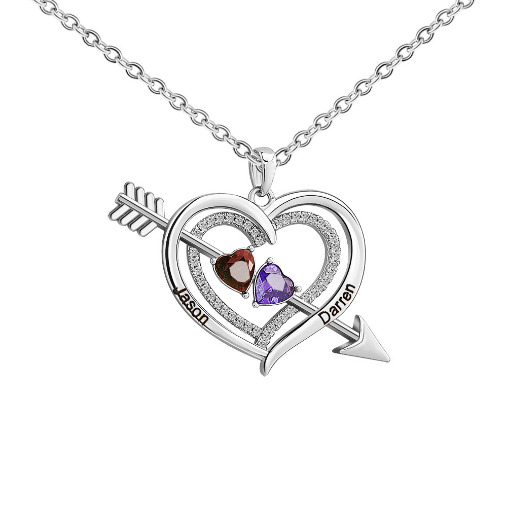 Personalized Cupid's Arrow Heart Necklace with 2 Birthstones & Names Valentine's Day Couple Gift for Women