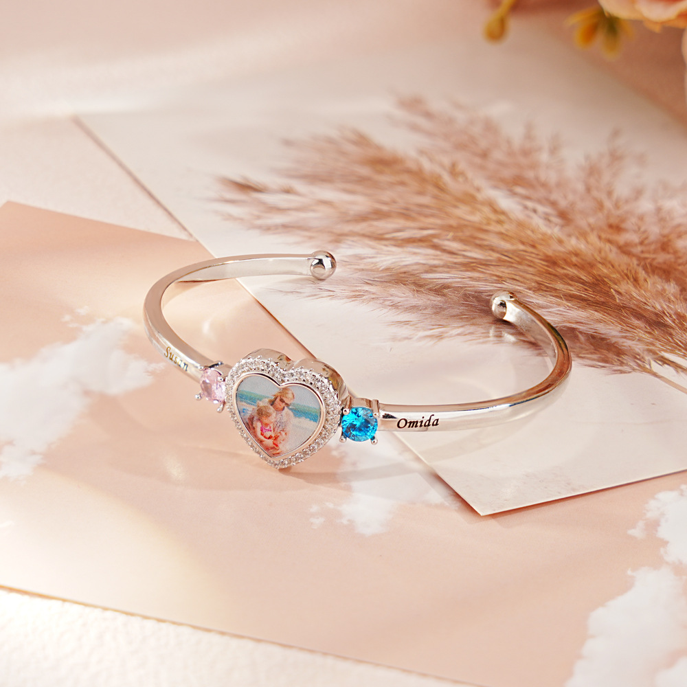 Personalized Adjustable Photo 2 Birthstones Heart Bracelet Valentine's Day Birthday Friendship Gift Mother's Day for Couple Best Friend Mom