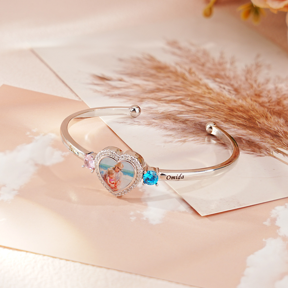 Personalized Adjustable Photo 2 Birthstones Heart Bracelet Valentine's Day Birthday Friendship Gift Mother's Day for Couple Best Friend Mom