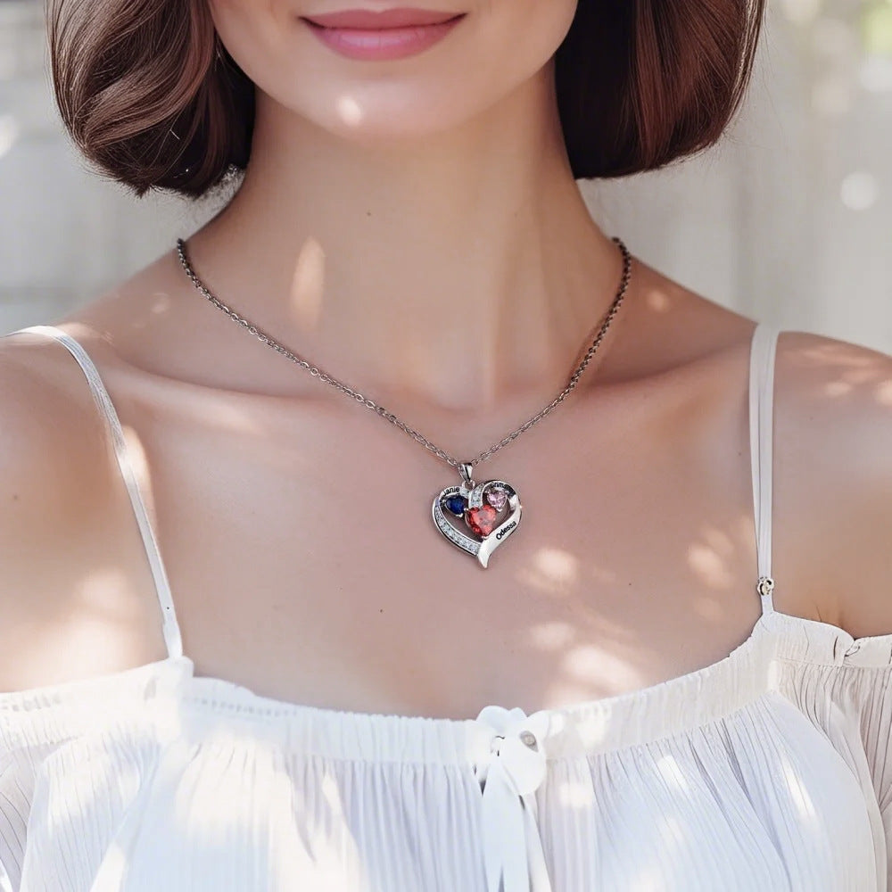 Personalized Family Heart Pendant Necklace with 3 Names and Birthstones Mother's Day Birthday Gift for Mom Grandma
