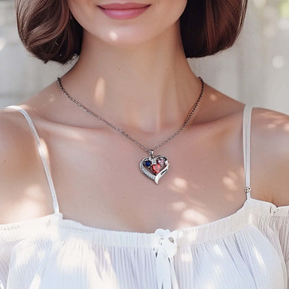 Personalized Family Heart Pendant Necklace with 3 Names and Birthstones Mother's Day Birthday Gift for Mom Grandma