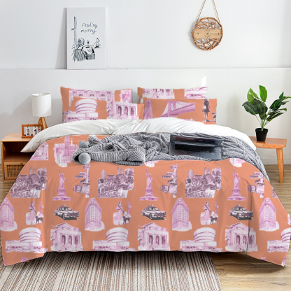 New York Toile 100% Cotton Duvet Cover Set  King Twin Comforter Queen Bedding for Guest Room with Hidden Zipper Closure 3Pcs