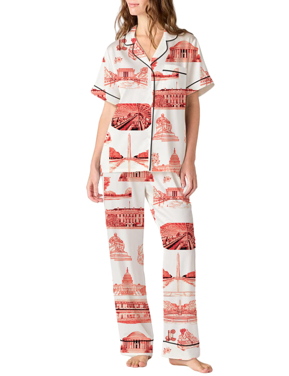 Washington DC Toile Silky Satin Pajama Pants Set For Women