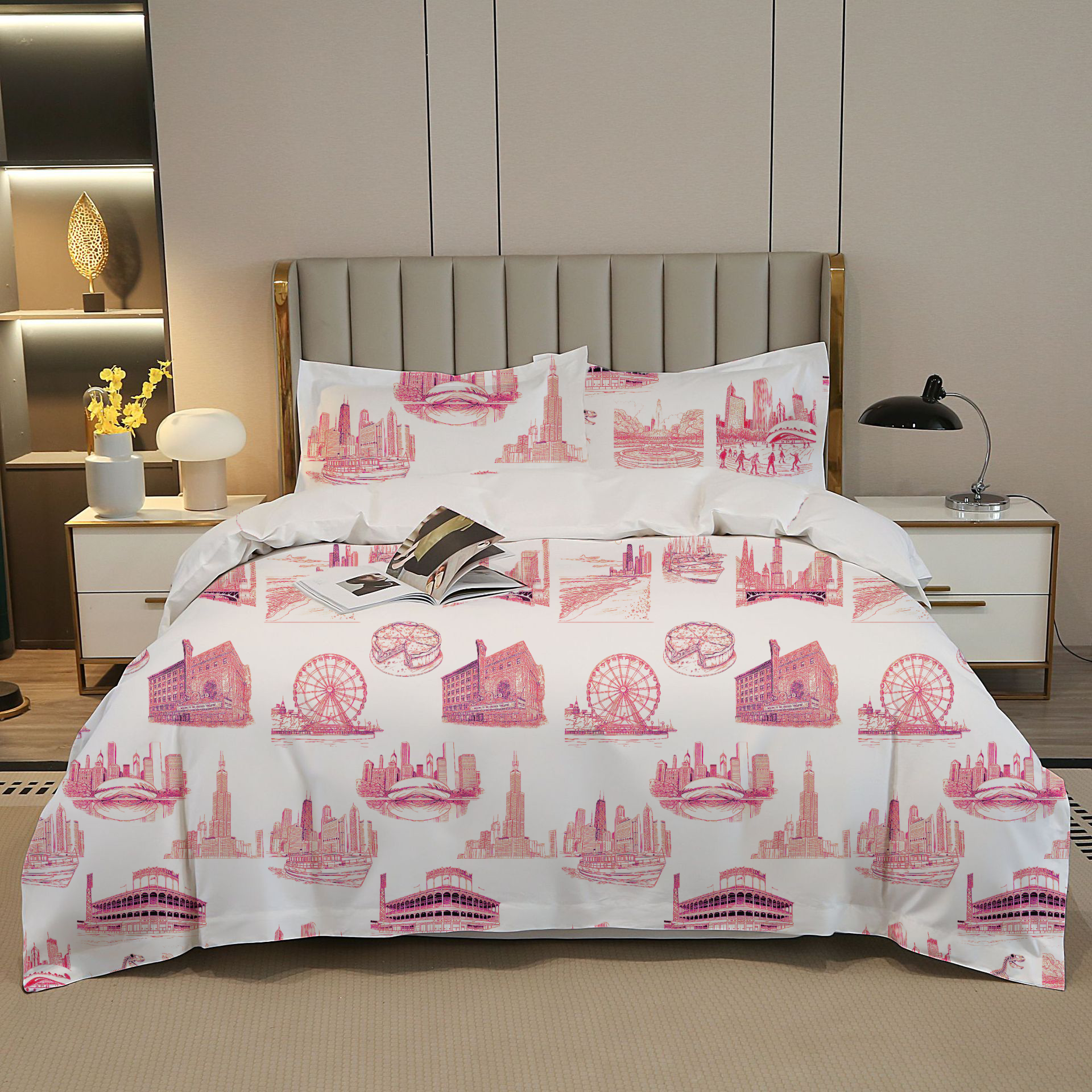 Chicago Toile 100% Cotton Duvet Cover Set  King Twin Comforter Queen Bedding for Guest Room Toile de Jouy with Hidden Zipper Closure 3Pcs