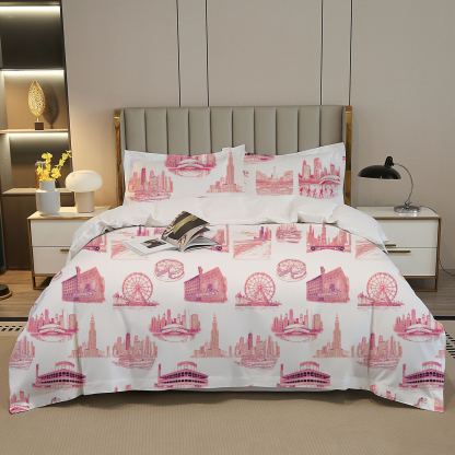 Chicago Toile 100% Cotton Duvet Cover Set  King Twin Comforter Queen Bedding for Guest Room Toile de Jouy with Hidden Zipper Closure 3Pcs