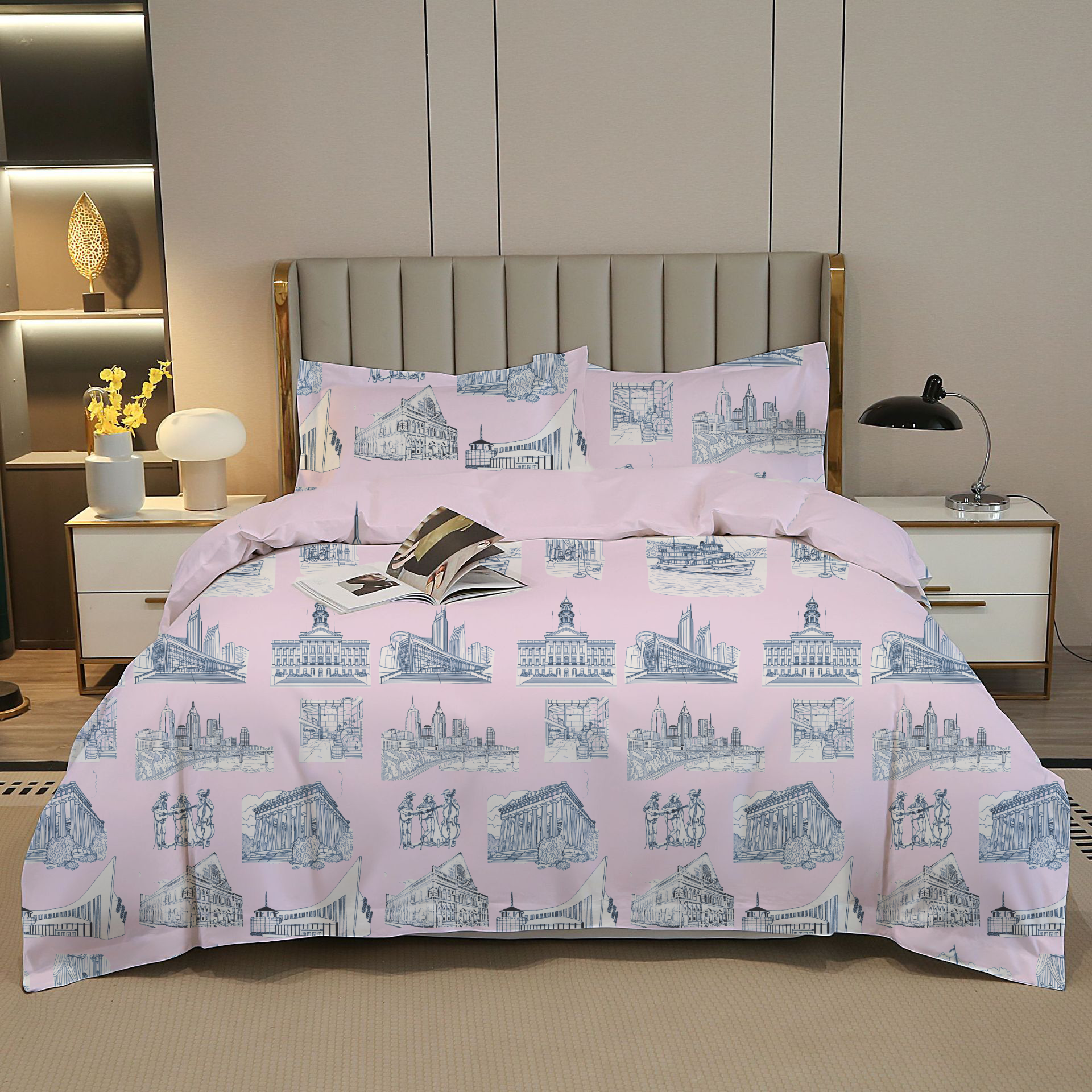 Nashville Toile 100% Cotton Duvet Cover Set  King Twin Comforter Queen Bedding for Guest Room Toile de Jouy with Hidden Zipper Closure 3Pcs