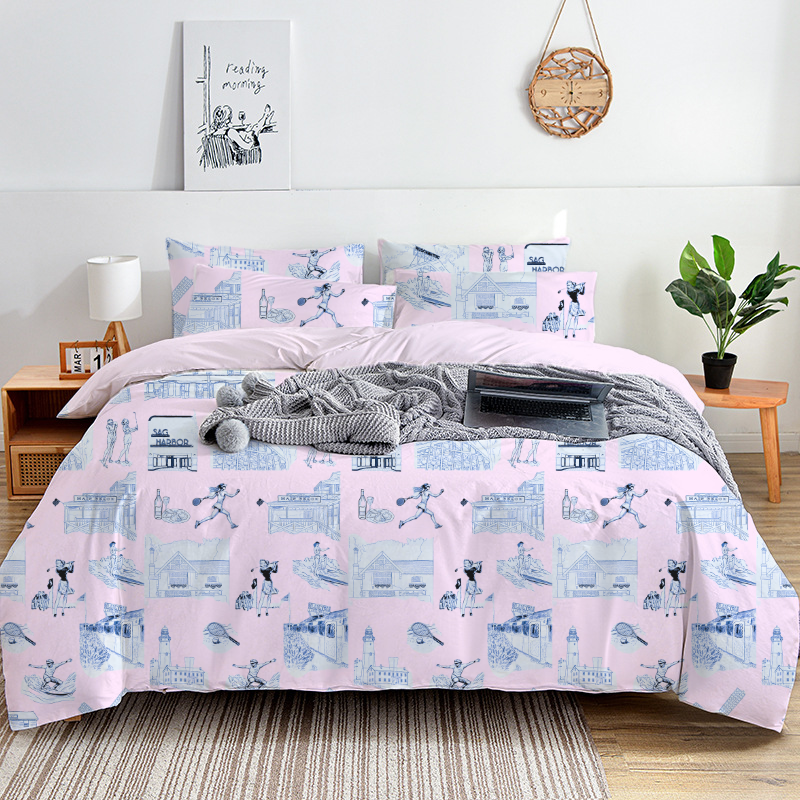Hamptons Toile 100% Cotton Duvet Cover Set  King Twin Comforter Queen Bedding for Guest Room Toile de Jouy with Hidden Zipper Closure 3Pcs