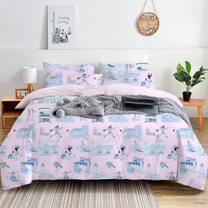 Hamptons Toile 100% Cotton Duvet Cover Set  King Twin Comforter Queen Bedding for Guest Room Toile de Jouy with Hidden Zipper Closure 3Pcs