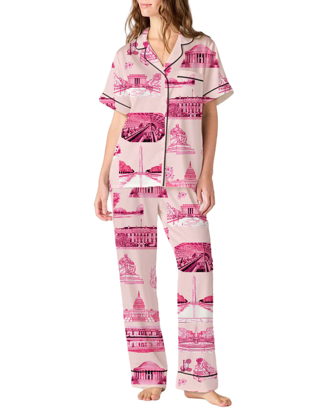 Washington DC Toile Silky Satin Pajama Pants Set For Women