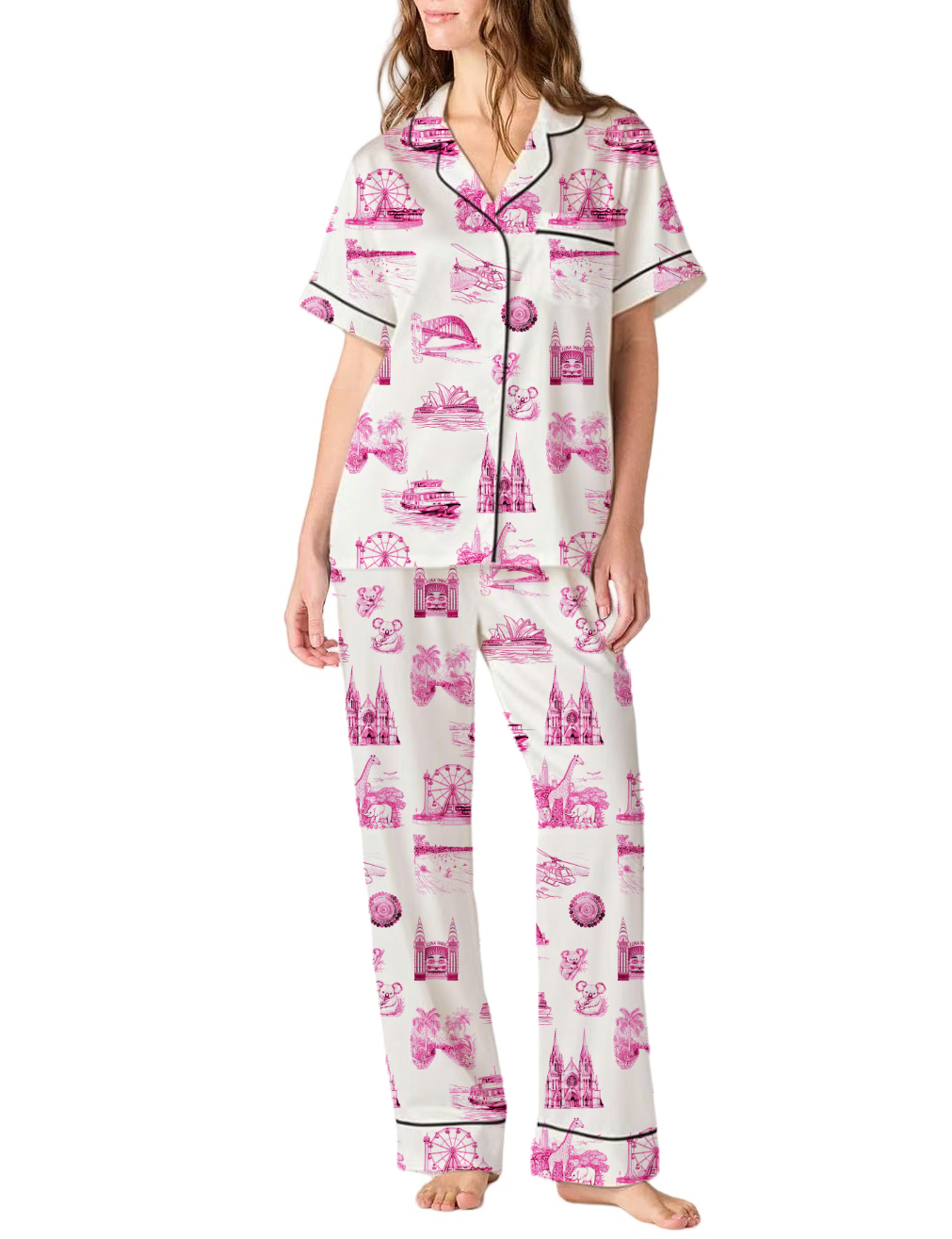 Sydney Travel Toile Silky Satin Pajama Pants Set For Women