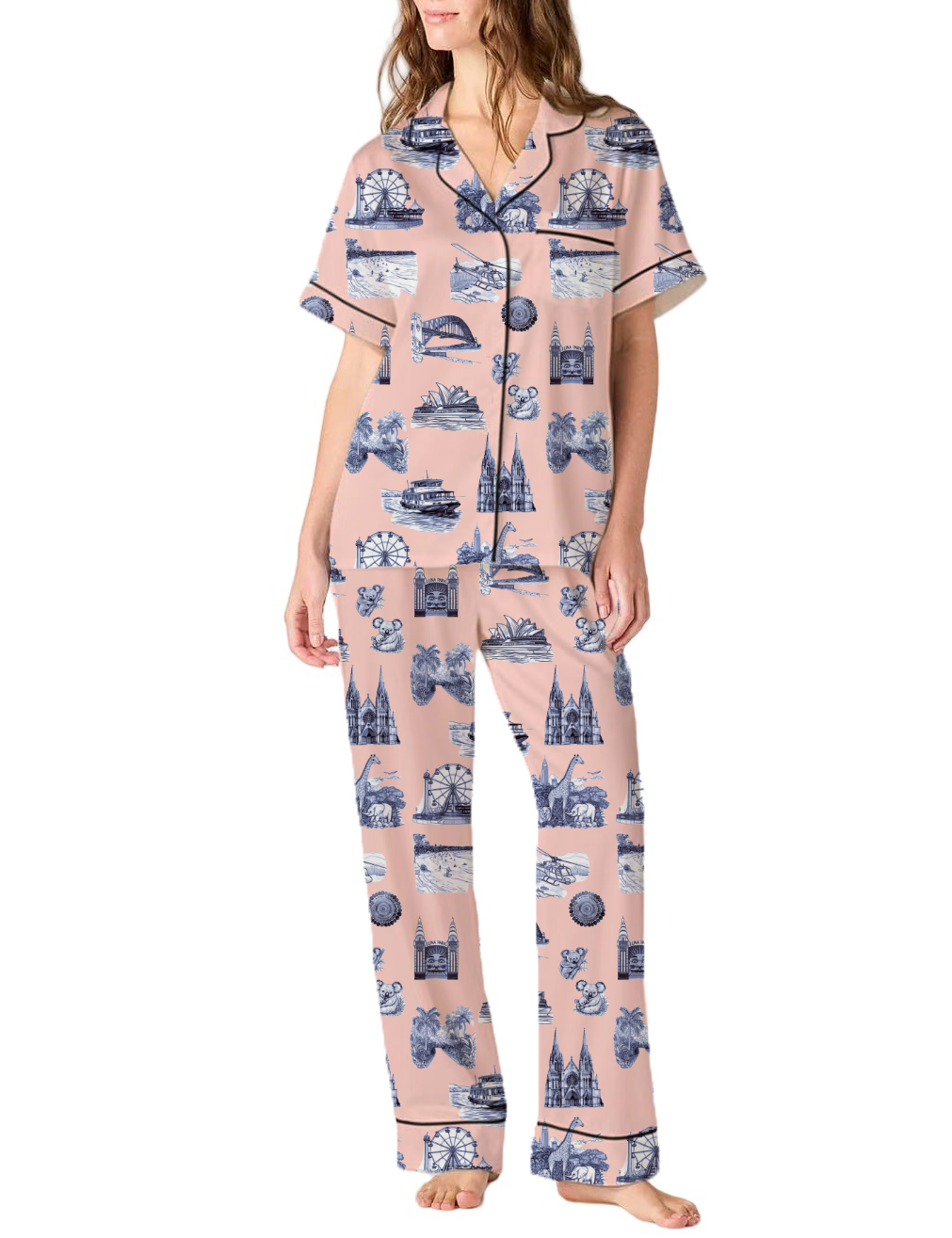 Sydney Travel Toile Silky Satin Pajama Pants Set For Women
