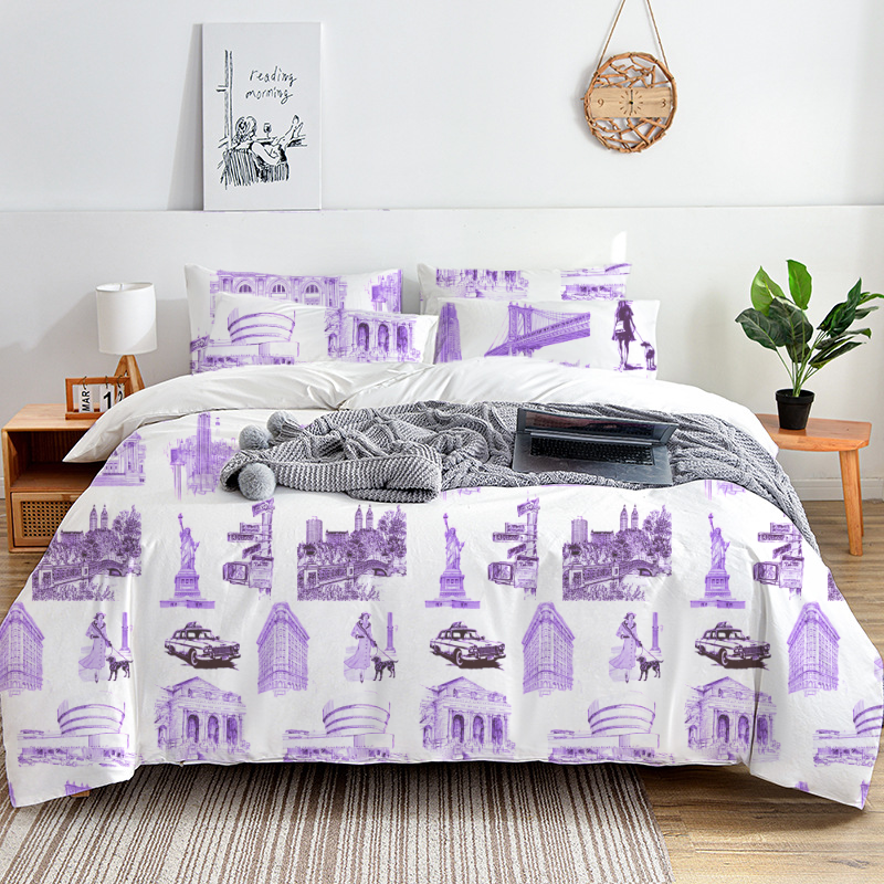 New York Toile 100% Cotton Duvet Cover Set  King Twin Comforter Queen Bedding for Guest Room with Hidden Zipper Closure 3Pcs