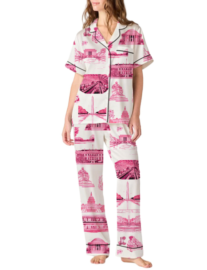 Washington DC Toile Silky Satin Pajama Pants Set For Women
