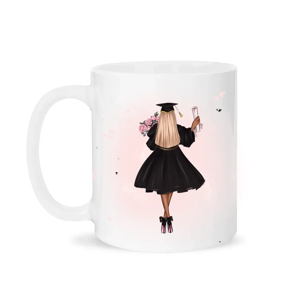 Personalized Cartoon Back Image Girl Coffee Cup Ceramic Mug with Text “I‘m Done” Graduation Souvenir Birthday Gift for Women