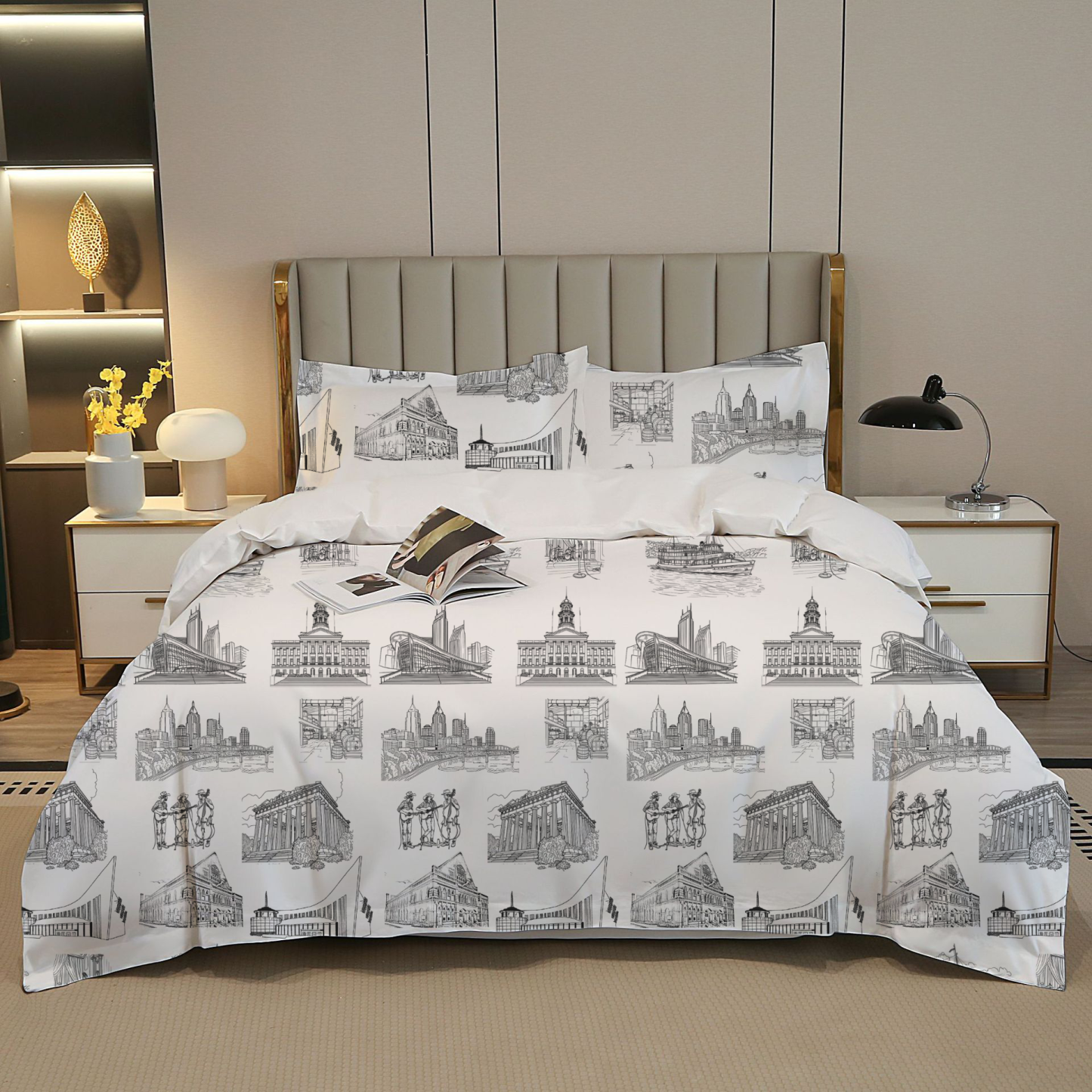 Nashville Toile 100% Cotton Duvet Cover Set  King Twin Comforter Queen Bedding for Guest Room Toile de Jouy with Hidden Zipper Closure 3Pcs