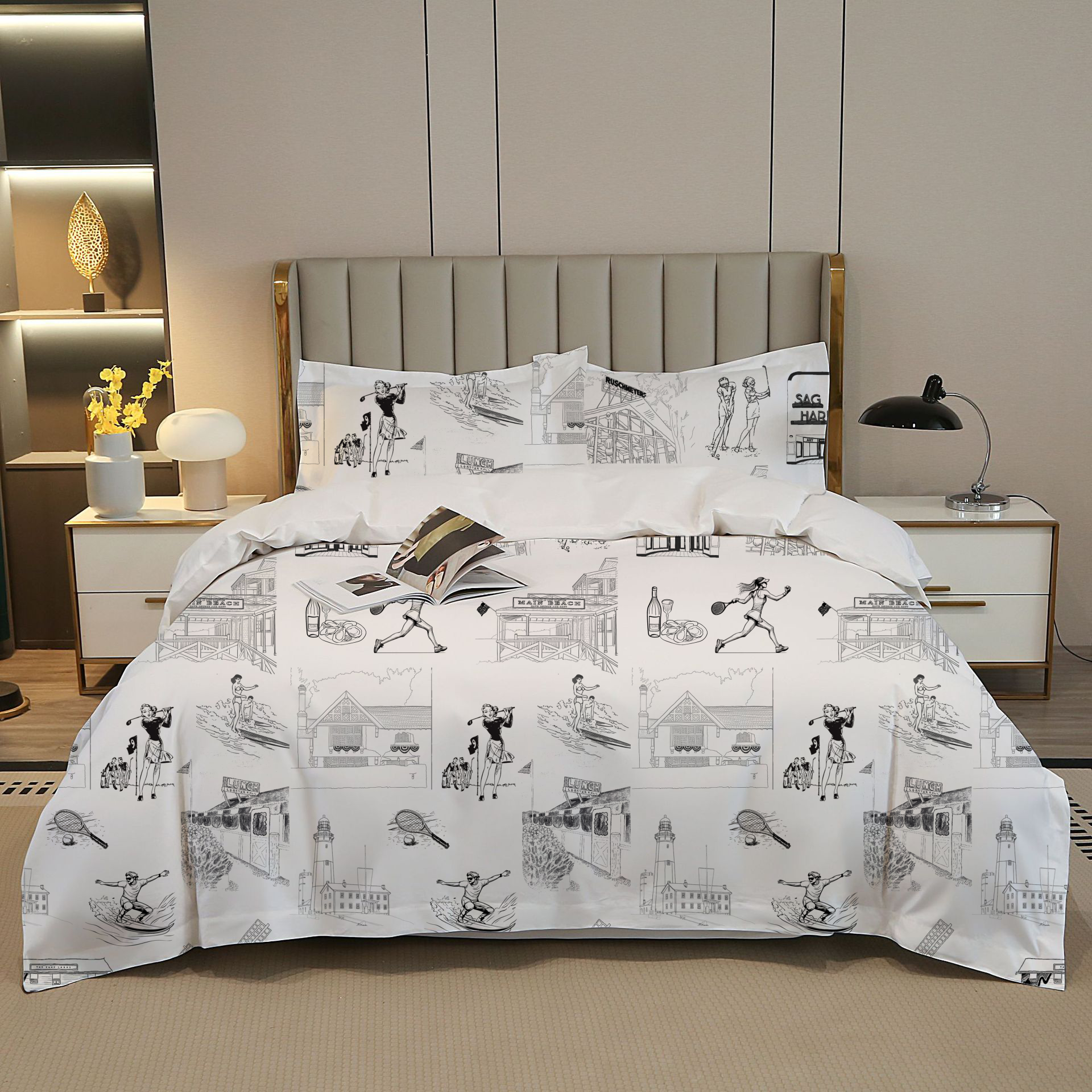 Hamptons Toile 100% Cotton Duvet Cover Set  King Twin Comforter Queen Bedding for Guest Room Toile de Jouy with Hidden Zipper Closure 3Pcs