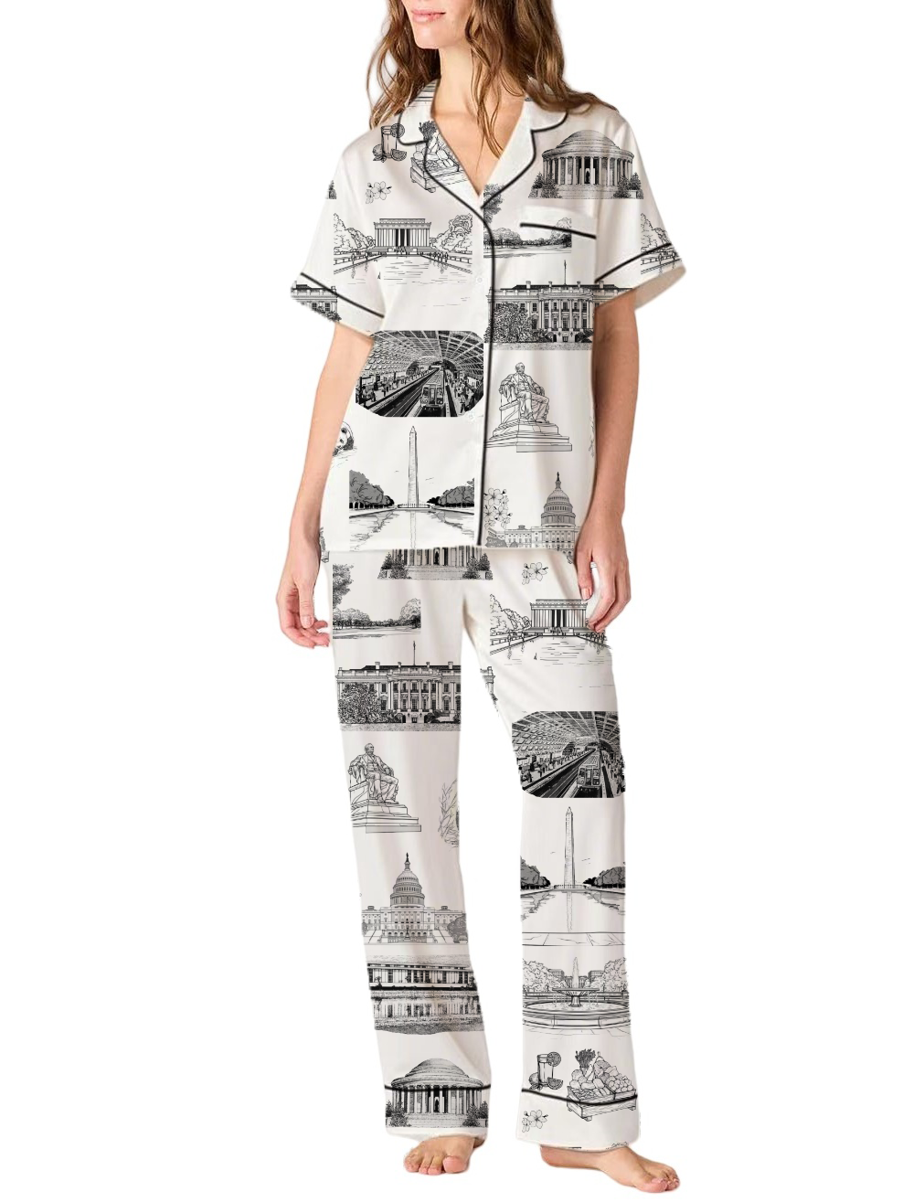 Washington DC Toile Silky Satin Pajama Pants Set For Women