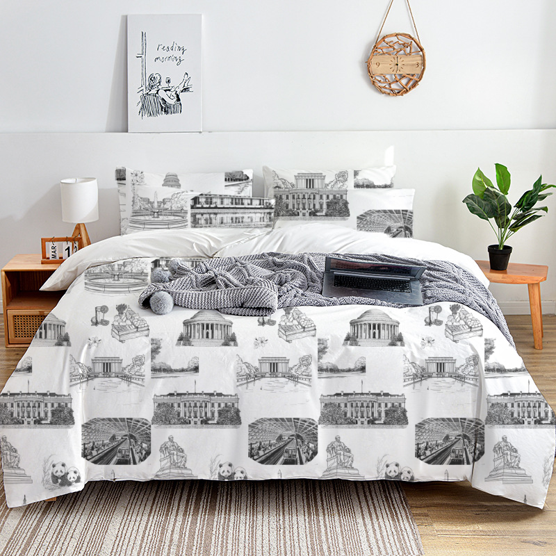 Washington DC Toile 100% Cotton Duvet Cover Set  King Twin Comforter Queen Bedding for Guest Room with Hidden Zipper Closure 3Pcs