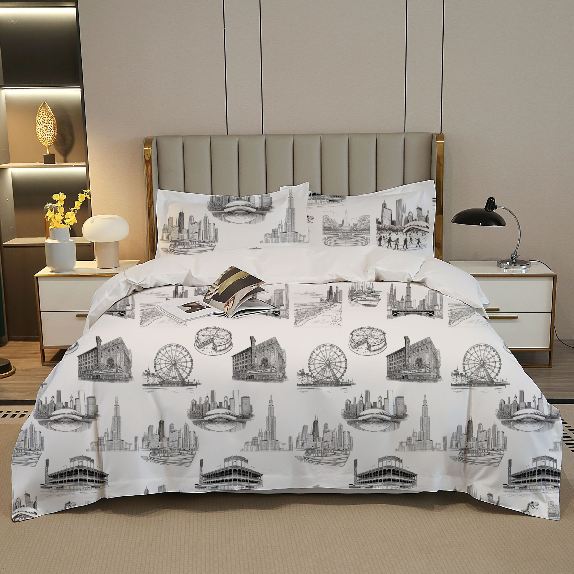 Chicago Toile 100% Cotton Duvet Cover Set  King Twin Comforter Queen Bedding for Guest Room Toile de Jouy with Hidden Zipper Closure 3Pcs