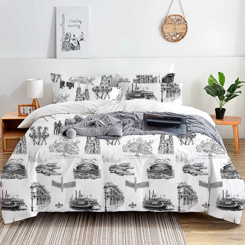 New Orleans Toile 100% Cotton Duvet Cover Set  King Twin Comforter Queen Bedding for Guest Room Toile de Jouy with Hidden Zipper Closure 3Pcs