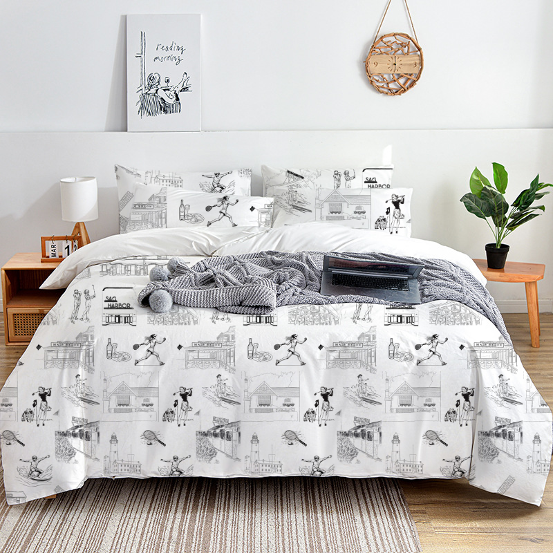 Hamptons Toile 100% Cotton Duvet Cover Set  King Twin Comforter Queen Bedding for Guest Room Toile de Jouy with Hidden Zipper Closure 3Pcs