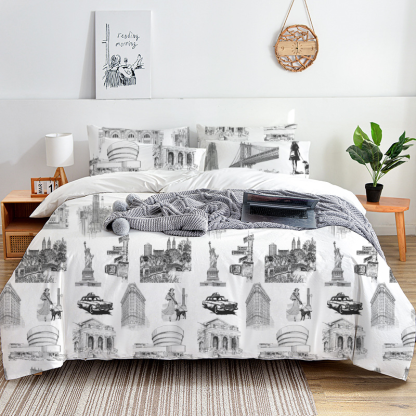 New York Toile 100% Cotton Duvet Cover Set  King Twin Comforter Queen Bedding for Guest Room with Hidden Zipper Closure 3Pcs
