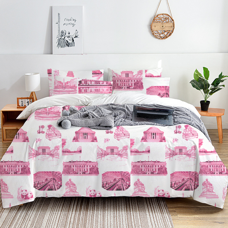 Washington DC Toile 100% Cotton Duvet Cover Set  King Twin Comforter Queen Bedding for Guest Room with Hidden Zipper Closure 3Pcs