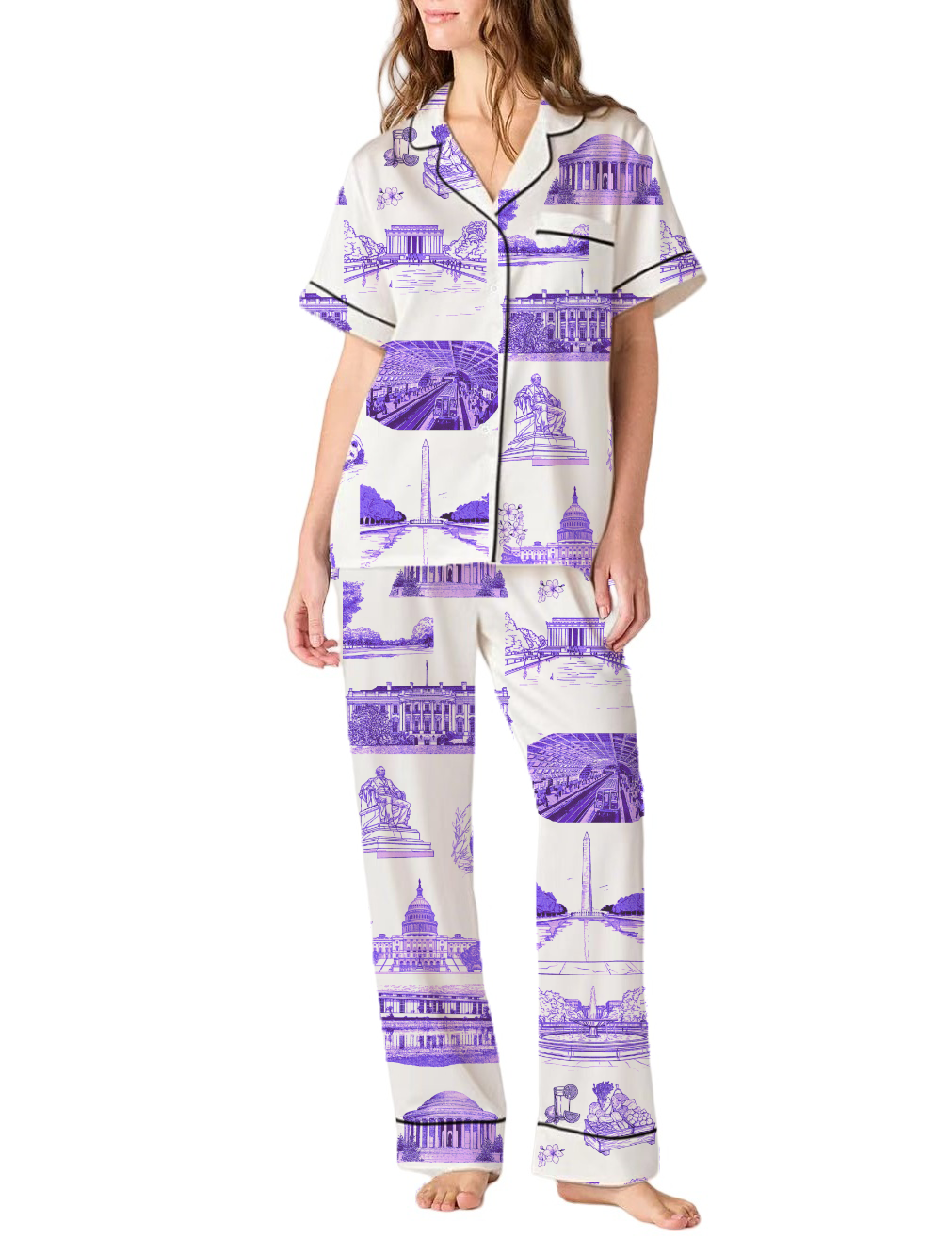 Washington DC Toile Silky Satin Pajama Pants Set For Women