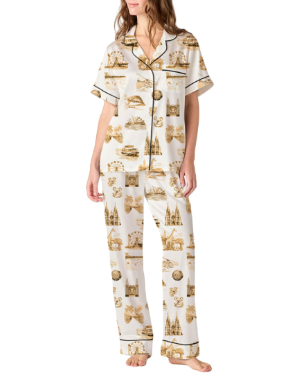 Sydney Travel Toile Silky Satin Pajama Pants Set For Women