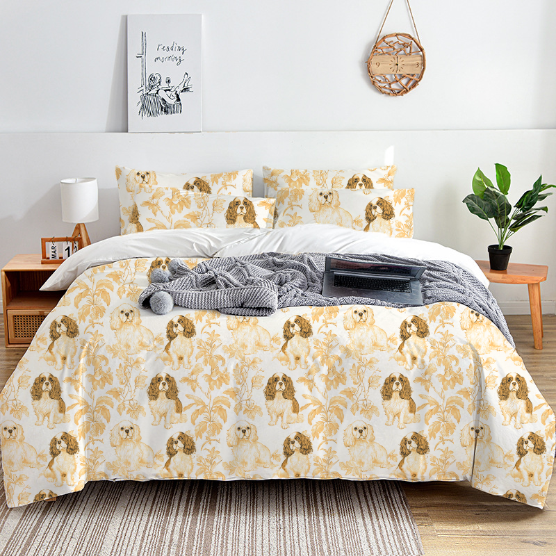 Cavalier King Charles Toile 100% Cotton Duvet Cover Set  King Twin Comforter Queen Bedding for Guest Room Toile de Jouy with Hidden Zipper Closure 3Pcs