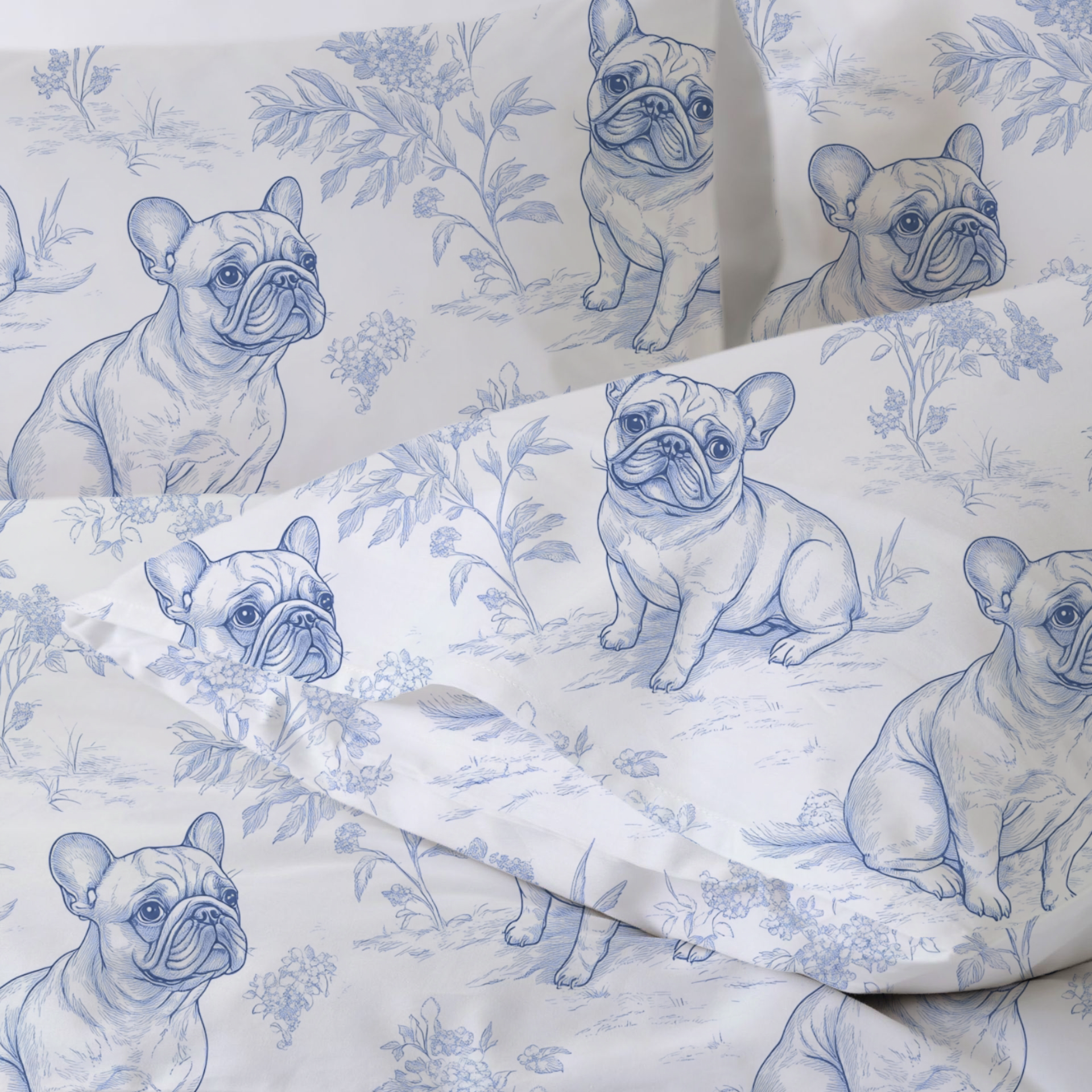French Bulldogs Toile 100% Cotton Duvet Cover Set  King Twin Comforter Queen Bedding for Guest Room Toile de Jouy with Hidden Zipper Closure 3Pcs