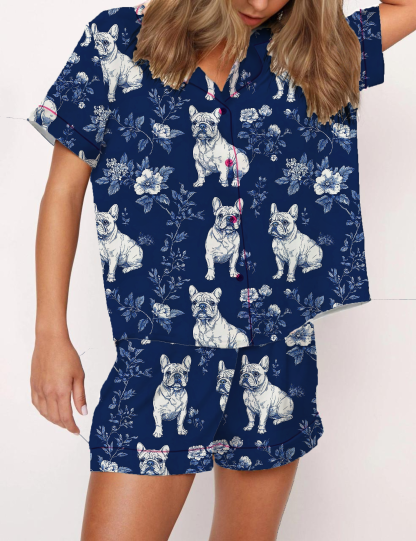 French Bulldogs Silky Satin Pajama Short Set For Women