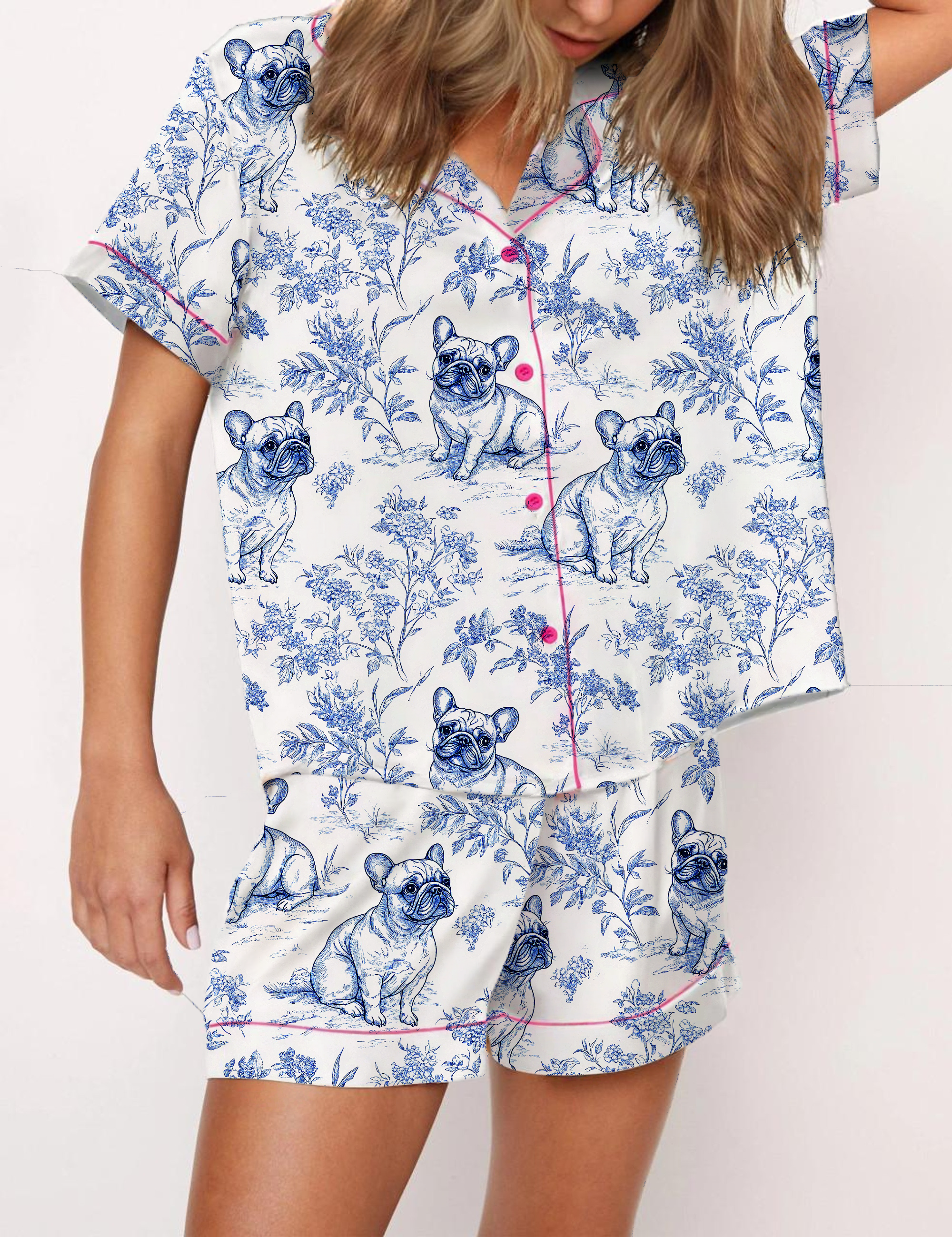 French Bulldogs Silky Satin Pajama Short Set For Women