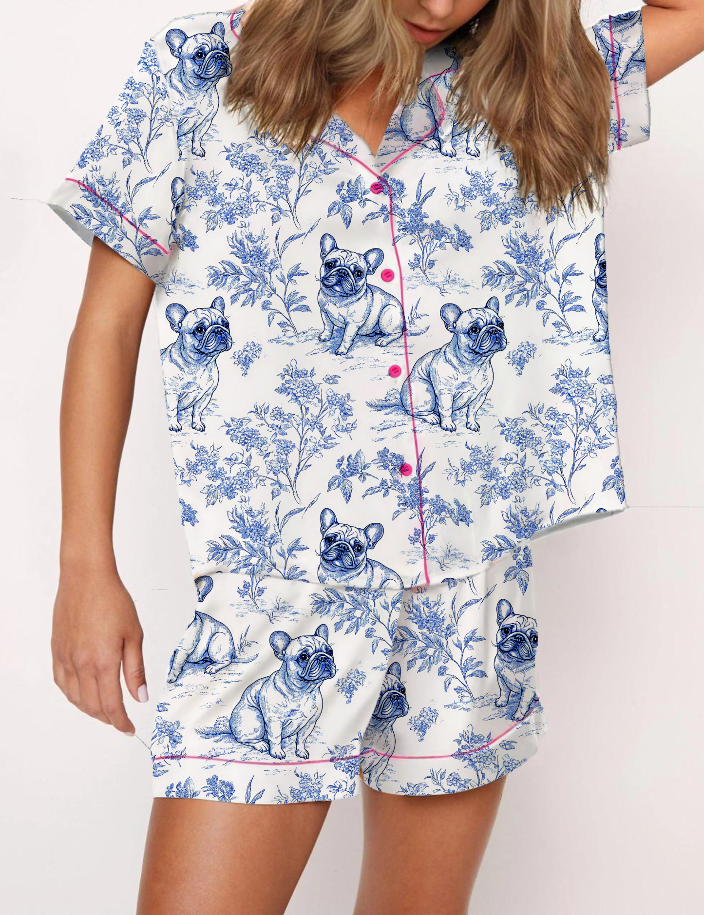 French Bulldogs Silky Satin Pajama Short Set For Women