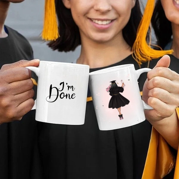 Personalized Cartoon Back Image Girl Coffee Cup Ceramic Mug with Text “I‘m Done” Graduation Souvenir Birthday Gift for Women