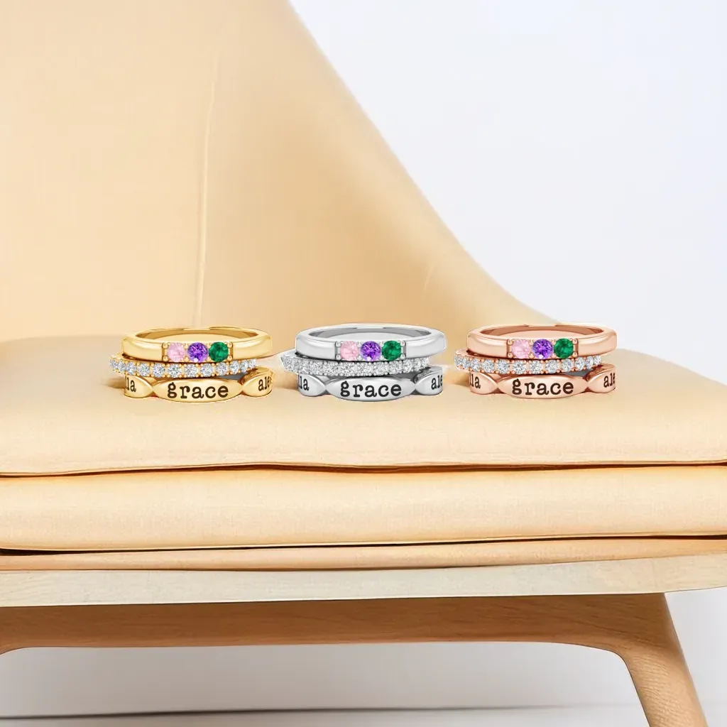 Personalized Dainty 1-5 Birthstone Ring with Engraved Name Women Jewelry Birthday Mother's Day Gift for Mom Grandma