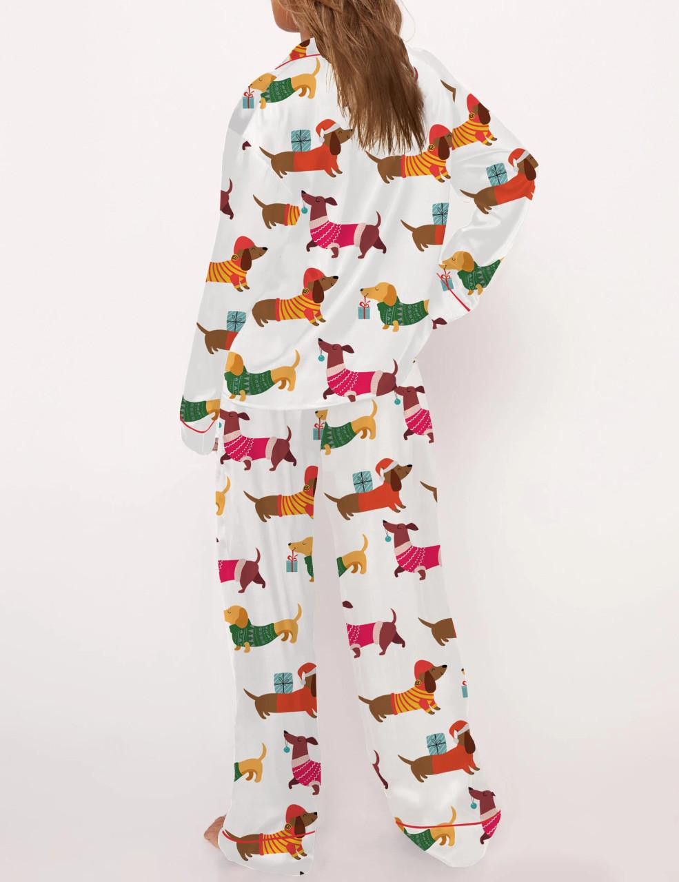 Christmas Festive Dachshund Satin Pajama Set For Women