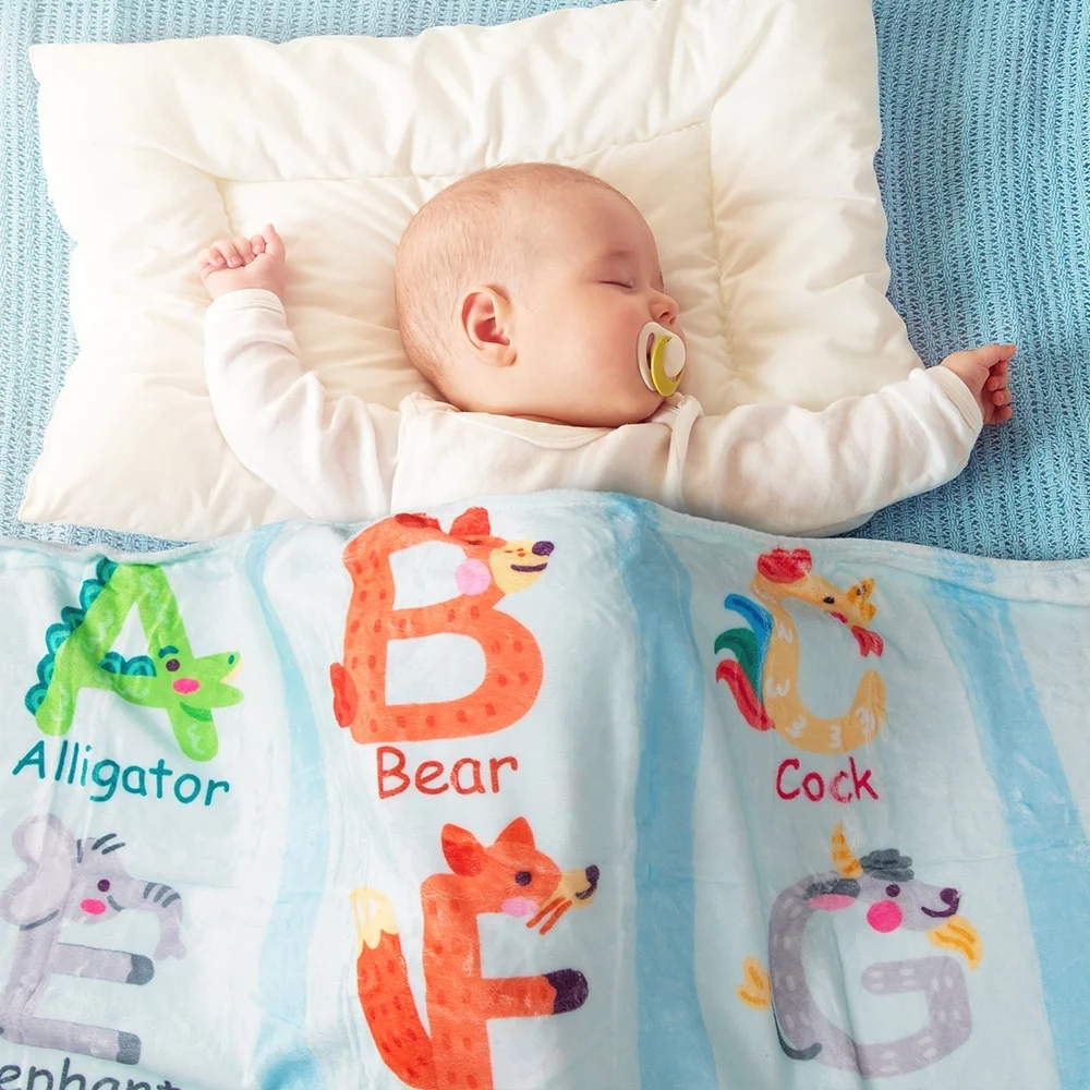 Personalized Zoo Alphabet Enlightenment Education Fleece Soft Blanket with Name Gift for Baby Kid
